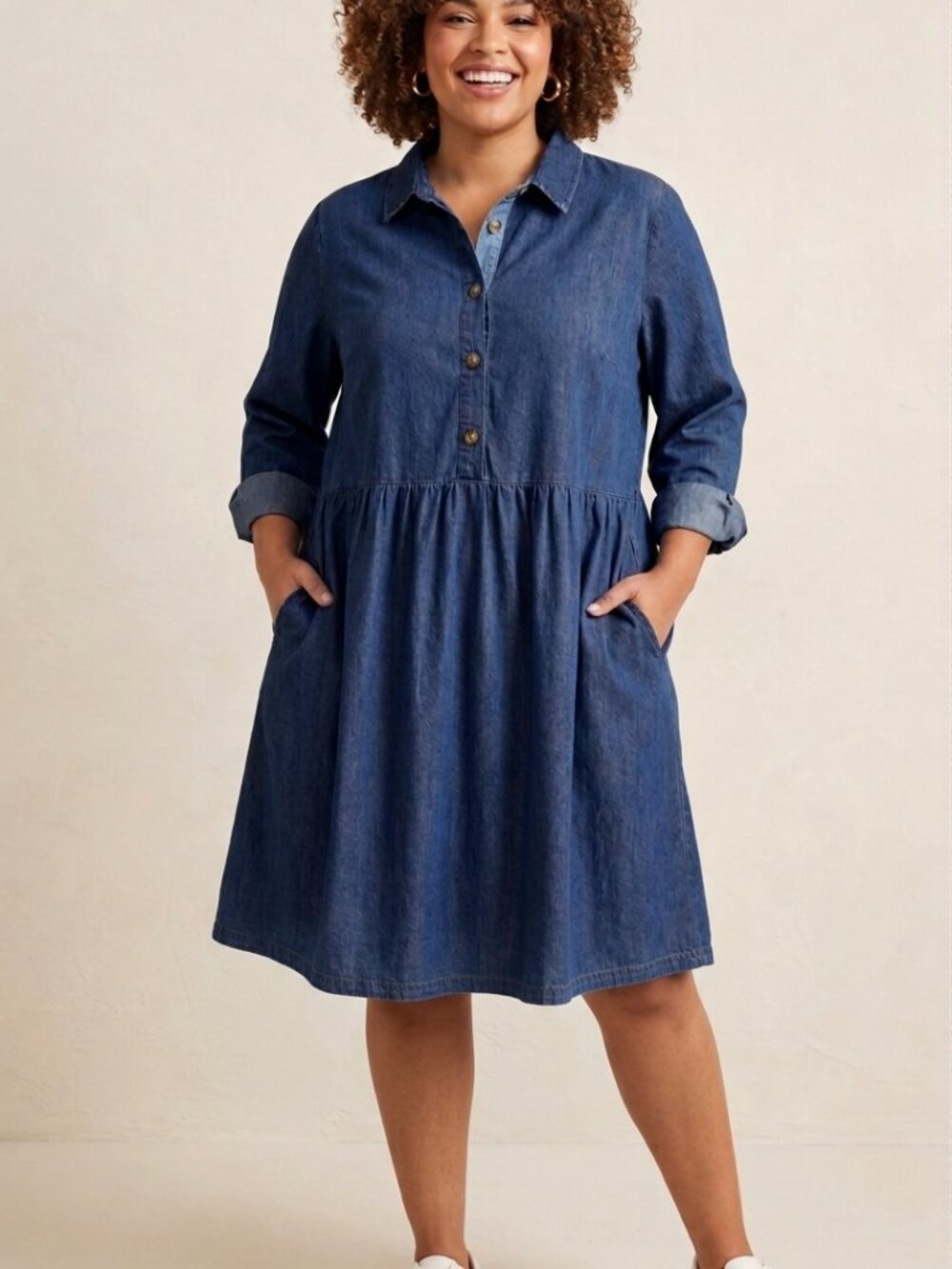 Medium Wash Long Sleeve Denim Button-Front Shirt Dress Pockets 2XL Blue Western